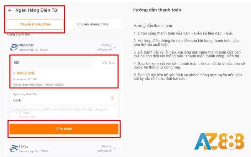 Nạp tiền AZ888 offline bằng ngân hàng điện tử